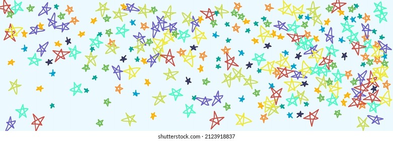 Blue Naive Bright Purple Childish Stars Vivid Picture. Mint Neon Chaotic Vibrant Pink Violet Turquoise Handdrawn Stars. Kids Grey Yellow White Green Orange Red Vivid Background.