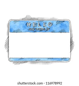 Blue name tag sticker HELLO my name is on white background. Blank badge painted handmade draw ink sketch and watercolor technique. This vector illustration clip-art element for design saved in 10 eps