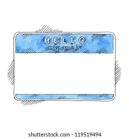 Blue name tag sticker HELLO my name is. Empty badge painted handmade draw ink sketch and watercolor technique on white background. Vector illustration clip-art element for design saved in 10 eps