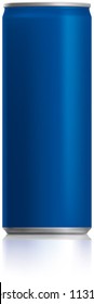 Blue narrow thin can vector visual 250 ml, ideal for cola, soft drinks, soda, fizzy pop, alcohol, lemonade, energy drink, juice, water etc. Drawn with mesh tool. Fully adjustable & scalable