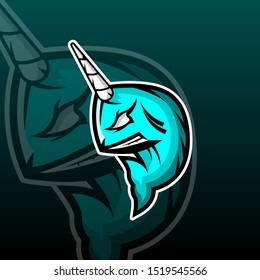 Blue Narwhal Mascot Fish Angry Horn