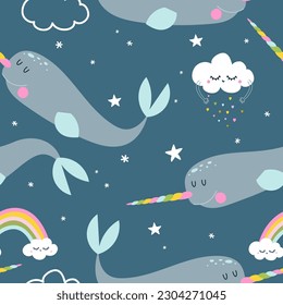 Blue Narwhal pattern design with clouds and rainbows - funny hand drawn doodle, seamless pattern. Lettering poster or t-shirt textile graphic design. Wallpaper, wrapping paper, background.