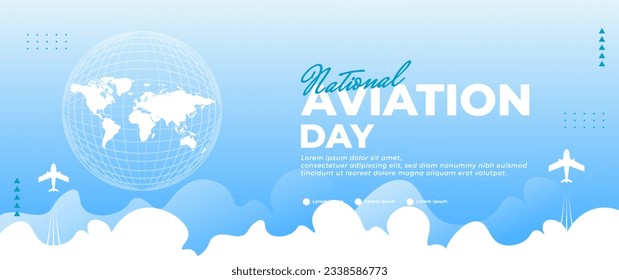 blue national aviation day banner with airplane,cloud and world map elements