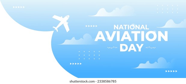 blue national aviation day banner with airplane,cloud and world map elements