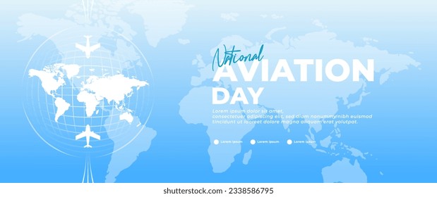 blue national aviation day banner with airplane,cloud and world map elements