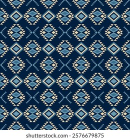 Blue native American, Navajo, geometric seamless vector pattern. Tribal Aztec background. Boho chic style. Design for textiles, wallpaper, sarees, rugs, curtains, and home decor.