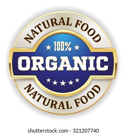 Blue natural food badge with gold border on white background