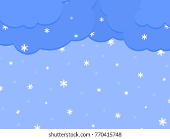 Blue natural winter background with dark clouds and white snowflakes. Winter freezing weather