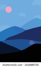 Blue nature backdrop. mountain and tree with moon on sky. Vector landscpae.