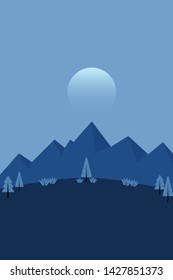 Blue nature backdrop. mountain and tree with moon on sky. Vector landscpae.