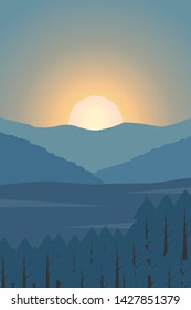 Blue nature backdrop. mountain and tree with moon on sky. Vector landscpae.