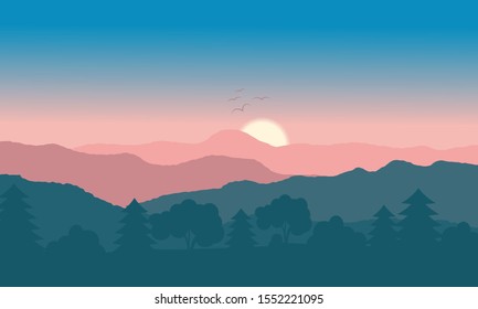 Blue nature backdrop. Mountain and tree with sunrise on sky. Vector landscape.