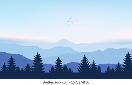 Blue nature backdrop. Mountain and tree with sunrise on sky. Vector landscape.
