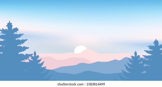 Blue nature backdrop. Mountain and tree with sunrise on sky. Vector landscape.