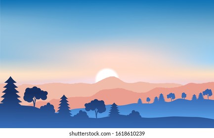 Blue nature backdrop. Mountain and tree with sunrise on sky. Vector landscape.