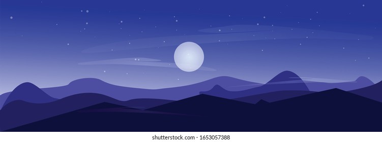 Blue nature backdrop. Mountain and tree with moon on sky. Vector landscape, Tourism and travelling,