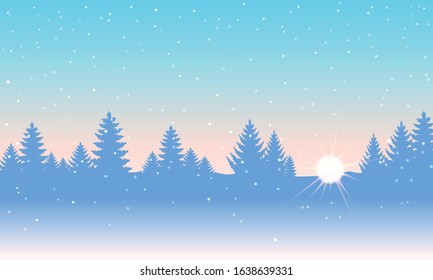 Blue nature backdrop. Sunrise on sky and snowy at forest. Vector landscape.