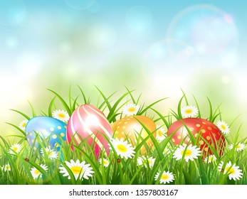 Blue nature background with colorful Easter eggs on grass with flowers, illustration.