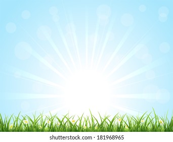 Blue nature background with Sun, grass and flowers, illustration.