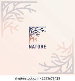 Blue nature logo,tree icon. half rectangle symbol, design abstract line, branch leaves, emblem vine, organic products logotype, grow botanic. Vector modern garish isolated illustration