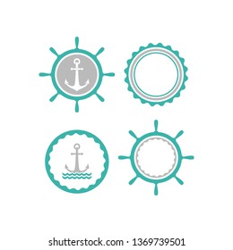 Blue nautical labels set. helm and anchor isolated on white. Ship and boat steering wheel sign. Rudder label. Nautical maritime illustration. sea and ocean symbol.Vector flat illustration