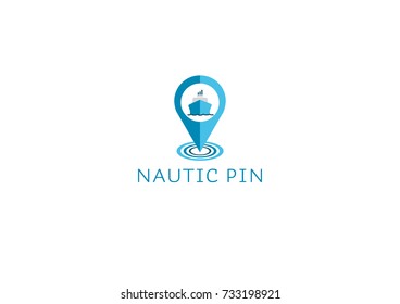 Blue nautical pin with flat ship.