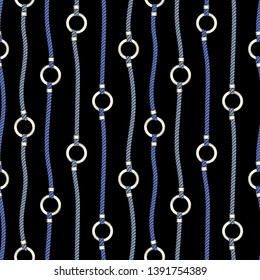 Blue Nautical Ropes and Chain Links Stripes on Black Background Vector Seamless Pattern. Trendy Marine Print