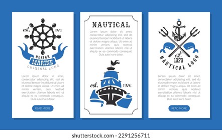 Blue Nautical and Sailing Themed Banner with Ship and Steering Wheel Vector Template