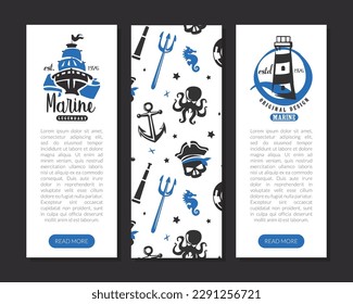 Blue Nautical and Sailing Themed Banner with Ship and Lighthouse Vector Template