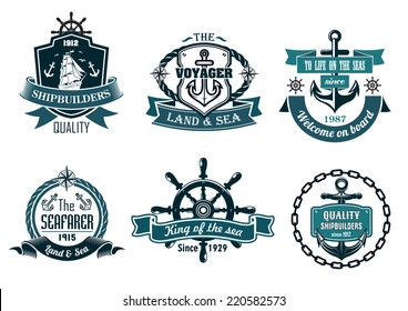 Blue nautical and sailing themed banners or icons with ship, anchor, rope, steering wheel and ribbons