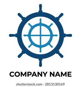 Blue nautical ship wheel icon with company name text icon