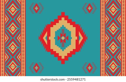 Blue Navajo design with sharp geometric lines. and has bright colors They represent the elements such as mountains, rivers, and the animals that surround them. For t-shirts, pants, rugs