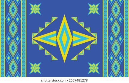 Blue Navajo design with sharp geometric lines. and has bright colors They represent the elements such as mountains, rivers, and the animals that surround them. For t-shirts, pants, rugs