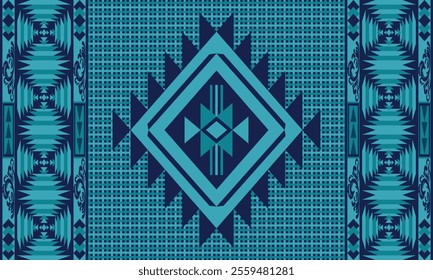 Blue Navajo design with sharp geometric lines. and has bright colors They represent the elements such as mountains, rivers, and the animals that surround them. For t-shirts, pants, rugs