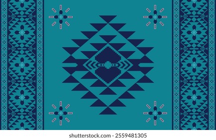 Blue Navajo design with sharp geometric lines. and has bright colors They represent the elements such as mountains, rivers, and the animals that surround them. For t-shirts, pants, rugs