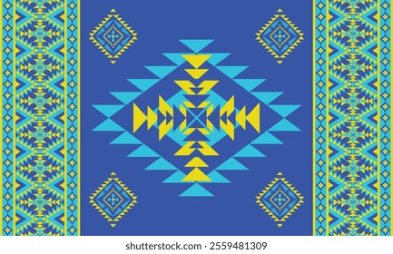 Blue Navajo design with sharp geometric lines. and has bright colors They represent the elements such as mountains, rivers, and the animals that surround them. For t-shirts, pants, rugs