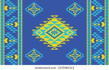 Blue Navajo design with sharp geometric lines. and has bright colors They represent the elements such as mountains, rivers, and the animals that surround them. For t-shirts, pants, rugs