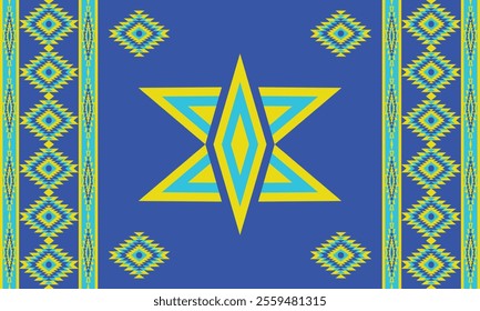 Blue Navajo design with sharp geometric lines. and has bright colors They represent the elements such as mountains, rivers, and the animals that surround them. For t-shirts, pants, rugs