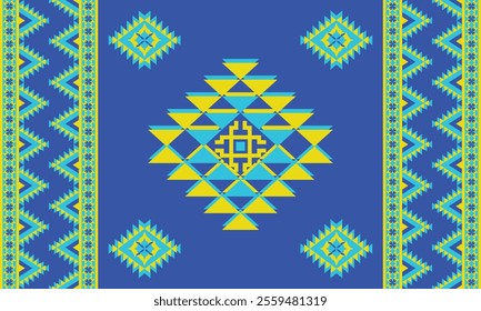 Blue Navajo design with sharp geometric lines. and has bright colors They represent the elements such as mountains, rivers, and the animals that surround them. For t-shirts, pants, rugs