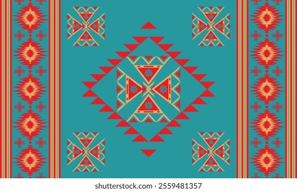 Blue Navajo design with sharp geometric lines. and has bright colors They represent the elements such as mountains, rivers, and the animals that surround them. For t-shirts, pants, rugs