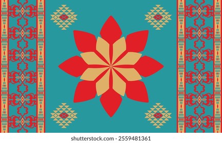 Blue Navajo design with sharp geometric lines. and has bright colors They represent the elements such as mountains, rivers, and the animals that surround them. For t-shirts, pants, rugs