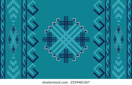 Blue Navajo design with sharp geometric lines. and has bright colors They represent the elements such as mountains, rivers, and the animals that surround them. For t-shirts, pants, rugs