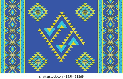 Blue Navajo design with sharp geometric lines. and has bright colors They represent the elements such as mountains, rivers, and the animals that surround them. For t-shirts, pants, rugs