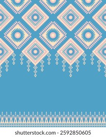 Blue Navajo design with sharp geometric lines. and has bright colors, rivers, and the animals that surround them. For t-shirts, pants, rugs