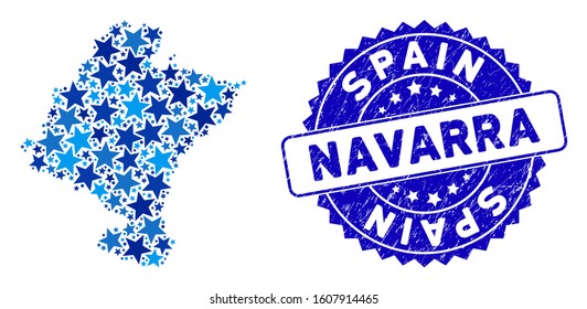 Blue Navarra Province map collage of stars, and grunge round seal. Abstract territorial plan in blue color hues. Vector Navarra Province map is formed of blue stars.