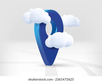 Blue navigation pin with road map and clouds. 3d vector isolated illustration