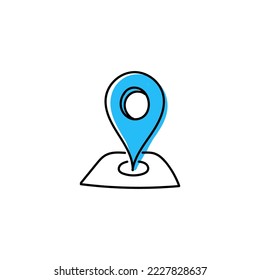 Blue navigation web map pointer hand drawn icon. Sketch sign for destination direction and gps design with given route and info vector positioning