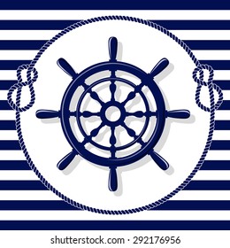 Blue navigation wheel and circle rope frame with nodes on white and blue lines background vector illustration