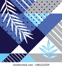 Blue and navy abstract simple checkered striped pattern with leaf design