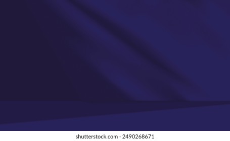 Blue Navy background,Studio Room with light,Shadow on Floor Concept for Winter,Autumn Product.3D Empty Interior dark purple gradient wall with shadow leaves ,Vector Minimal Mockup Backdrop display 